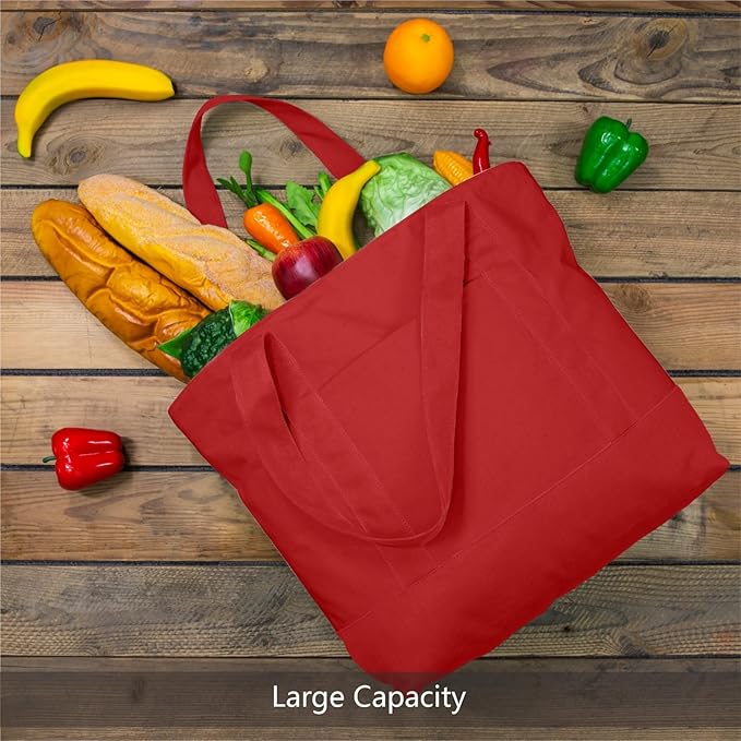 TOPDesign 6-Pack Canvas Tote Bags with an External Pocket, Reusable Grocery Shopping Bags, Top Zipper Closure, Daily Essentials (Red)