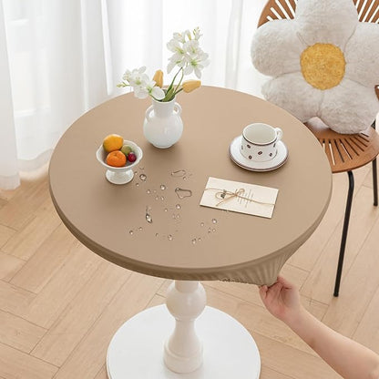 Round Fitted PU Tablecloth with High Elastic Edge 63 Inch Dia Waterproof Oil Proof Table Cloth Anti-scald Stain-Resistant Wipeable Table Cover for Indoor Outdoor Picnic (Cream Coffee,63"Dia)