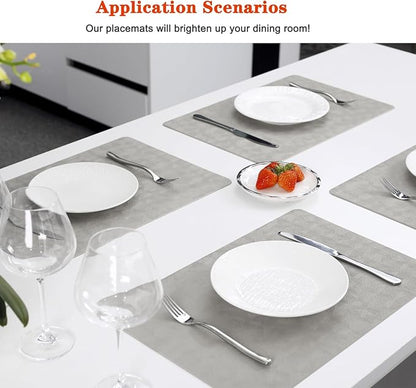 Vinyl Placemats Set of 4 Heat Resistant Easy Clean Non-Slip Place Mats for Dining Table. Faux Leather Waterproof Stain Resistant Wipeable Washable PU Table Mats(4, Light Gray)