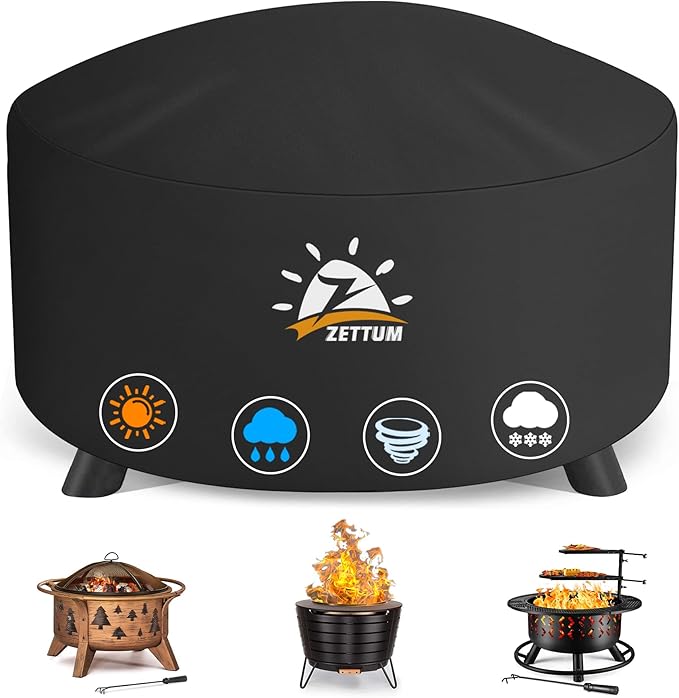 Zettum Fire Pit Cover Round 32 Inch - Outdoor Firepit Cover Heavy Duty & Waterproof, 600D Patio Fire Table Cover Gas Fire Pit Accessories Fade & Weather Resistant - 32 x 32 x 16 Inch
