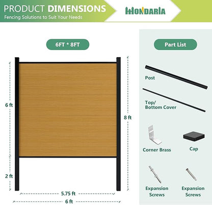 Mondaria Fence Privacy Screen with 8ft In-ground Posts, 6ft(H) x12ft(W) Wood Plastic Composite Fence Panels Weather-Resistant Outdoor Fence for Backyard/Garden (Yellow Teak, 3 Posts)