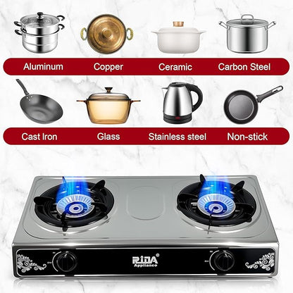 2 Burner Propane Gas Stove, Portable Stainless Steel Camping Stove with Auto-Ignition, Propane Burners for Cooking, Outdoor, Camping, RV & Emergency Use