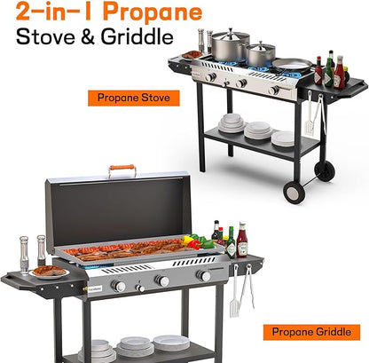 Veralune 3 Burner Propane Stove with Griddle, 225,000 BTU High Pressure Propane Stove with Auto Ignition Button, Outdoor Cooking Stove for Camping, Backyard, Patio, Cooking, BBQ