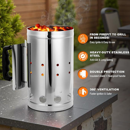 Charcoal Chimney Starter, BBQ Grill Quick Rapid Fire Starter Chimney for Outdoor Barbecue Cooking Camping, Sturdy and Easy to Use, Stainless Steel（10.62" x 6.3"）