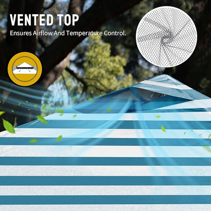 CROWN SHADES 10x10 Pop Up Canopy - Beach Tent with One Push Setup - Easy Outdoor Sun Shade for Events, Parties, Camping - Gazebo with STO-N-Go Cover Bag, Silver Coated Top, Cyan Blue Stripes