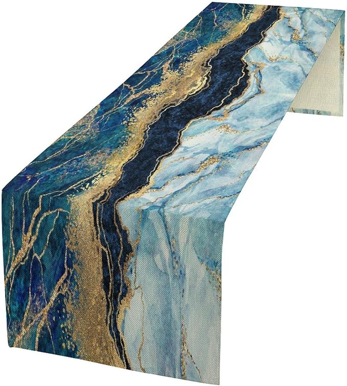 Marble Table Runner, Blue Texture Abstract Art Print Table Runner for Indoor Home Living Room Party Dining Kitchen 13x36in