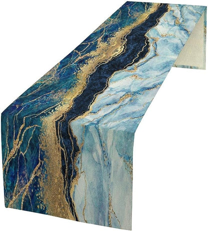 Marble Table Runner, Blue Texture Abstract Art Print Table Runner for Indoor Home Living Room Party Dining Kitchen 13x60in