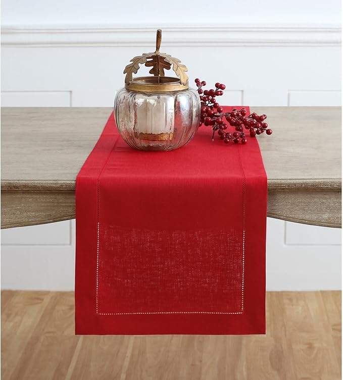Solino Home Linen Red Table Runner 132 Inches Long - 100% Pure Linen Extra Long Table Runner 14 x 132 Inch for Valentines, Winter - Classic Hemstitch