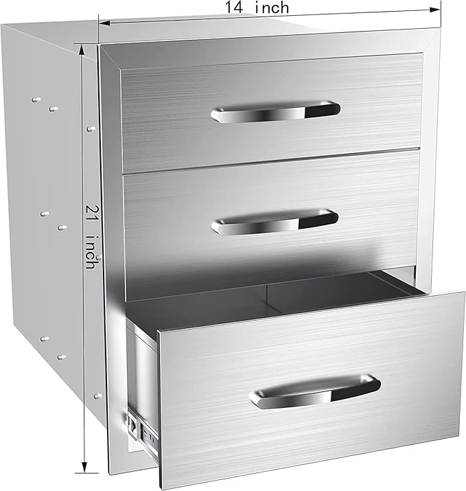 Outdoor Kitchen Stainless Steel Triple Access BBQ Drawers With Handle For BBQ Island Patio Grill Station,Three Drawers