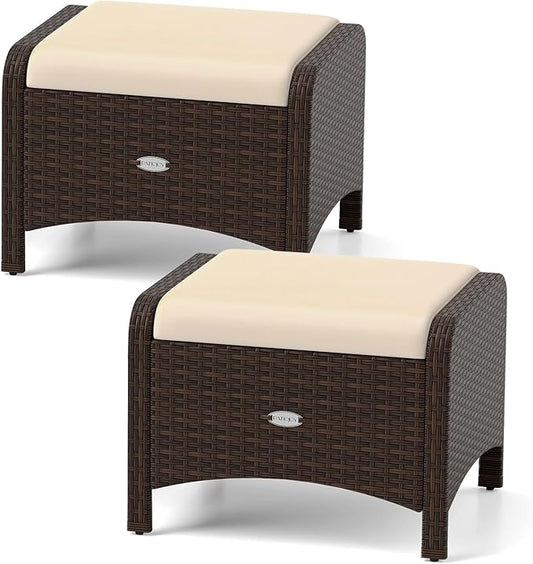 Tangkula 2 Pieces Outdoor Patio PE Wicker Ottomans with Removable Cushions, Outdoor Furniture for Additional Seating, Footrest and Side Table, Outdoor Footstools for Porch, Garden and Backyard