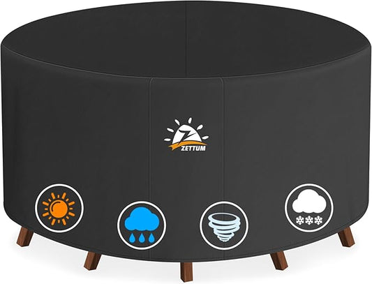 Zettum Round Patio Table Cover 68 Inch - 600D Outdoor Furniture Cover Round Waterproof & Heavy Duty, Lawn Furniture Set Covers for Outside Dining Table and Chairs Seating Combo - 68 x 68 x 28 Inch