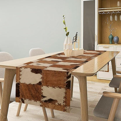 Cowhide Animal Table Runner, Vintage Western Cowboy Patchwork Fur Table Runner for Kitchen Farmhouse Dining Home Banquet Party 13x60in