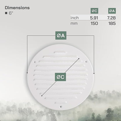 Vent Systems 6 Inch (Inner) Pack of 5 White Vent Cover - Round Metal HVAC Return Air Grille with Mesh Screen - Register Soffit Wall Vent - Outdoor, Indoor, Crawlspace - Exhaust Ventilation Grill