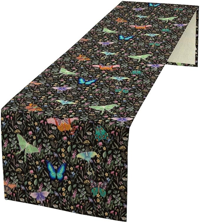 Boho Wildflower Moth Table Runner,Bohemian Floral Colorful Butterfly Print Table Runner for Kitchen Dining Table Holiday Indoor Outdoor Home Party Decor 13x60in