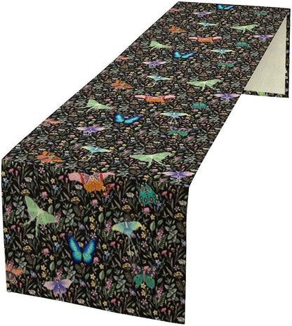 Boho Wildflower Moth Table Runner,Bohemian Floral Colorful Butterfly Print Table Runner for Kitchen Dining Table Holiday Indoor Outdoor Home Party Decor 13x90in