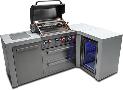Mont Alpi MAi400-D90FC 32-Inch 4-Burner 78000 BTU 90 Degree Corner Stainless Steel Gas Outdoor Kitchen Barbecue Island Grill + Infrared Side Burner + Wine Cooler Beverage Center Compact Refrigerator