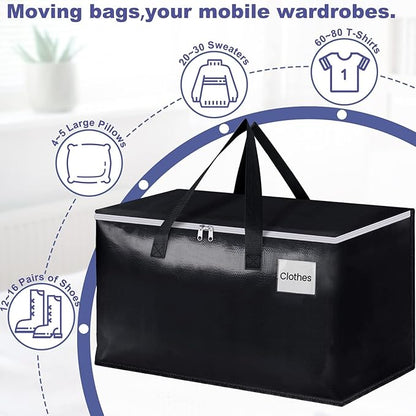 StorageRight Heavy Duty Moving Boxes-Moving Bags with Zipper, Reinforced Handles and Tag Pocket-Collapsible Moving Supplies-Totes for Storage Great for moving, Storage and Travel 93L(Black-8 Pack)