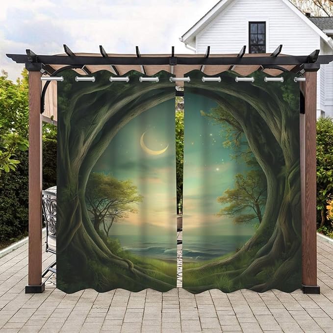 Forest Theme Waterproof Indoor/Outdoor Curtains,Trees Moon Lake Pattern,Privacy, Grommet Curtains for Patio, Pergola, Porch, Deck, Lanai, and Cabana,2 Panel,W54 x L96,Green