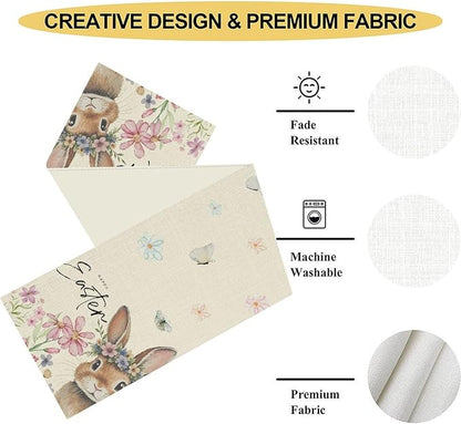 Easter Table Runner,Boho Floral Bunny Rabbit Butterflies Pink Blue Spring Easter Table Center Decor for Family Kitchen and Living Room Outdoor Farmhouse Party Table Decorations, 13"x90"