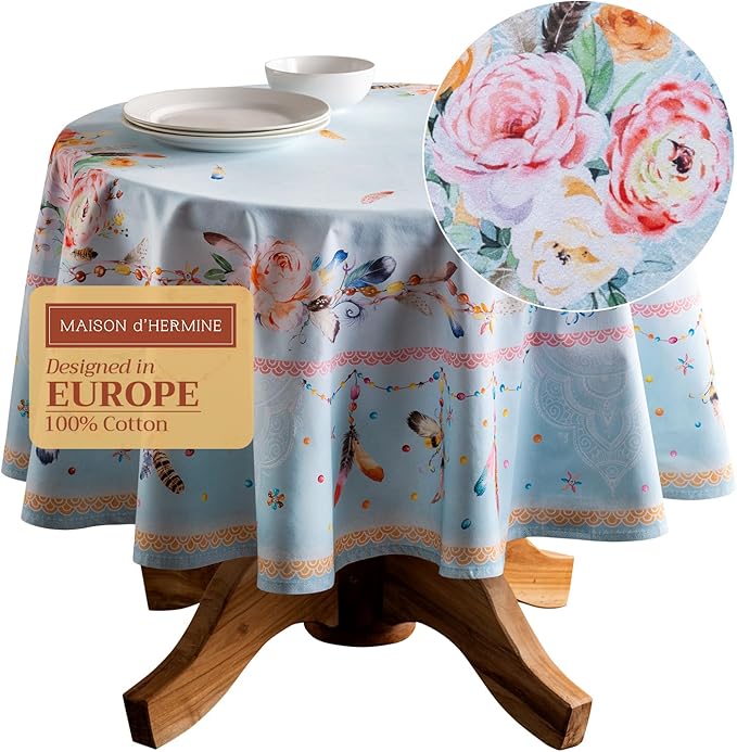 Maison d' Hermine Table Cloth Round Table 100% Cotton 63 Inches Tablecloth Reusable Decorative Everyday Use for Dining Room, Farmhouse, Home, Party, Festive & Wedding Spring Summer - Ibiza