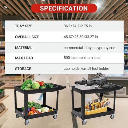 Utility Service Cart with Wheels and Two Trays, Service Cart 2-Shelf 500lbs, Rolling Utility Cart for Warehouse/Garage/Cleaning/Manufacturing, 2 Tier Heavy Duty Uline Tool Cart, 45"X25", Gray