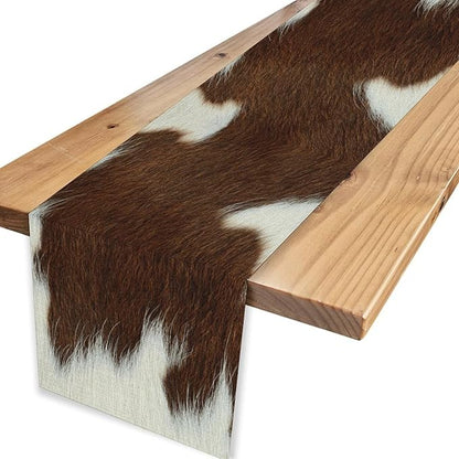 Cow Print Table Runner, Brown Cowhide Print Western Style Table Runner Country Farmhouse Cottage Cow Pattern Linen Table Decoration for Home Kitchen Dining 13x90