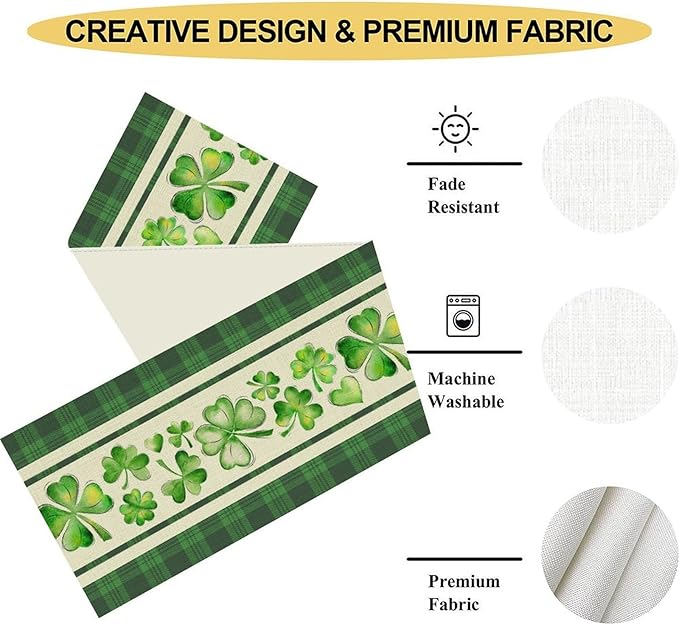 St.Patrick's Day Table Runner,Vinatge Rustic Green Buffalo Plaid White Shamrock Watercolor Table Center Decor for Home Kitchen Dining Patio Holiday Party Indoor Table Decorations, 13"x72"