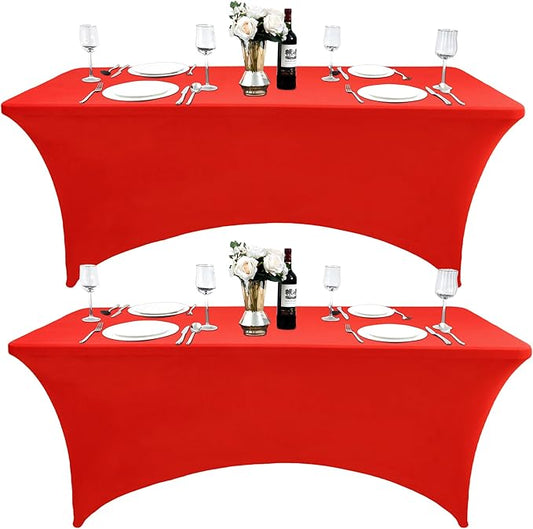 2-Pack 8ft Red Spandex Table Covers for Rectangle Folding Tables - Washable Elastic Tablecloth - Ultimate Fitted Table Protector for Birthday Parties, Trade Shows, Banquet