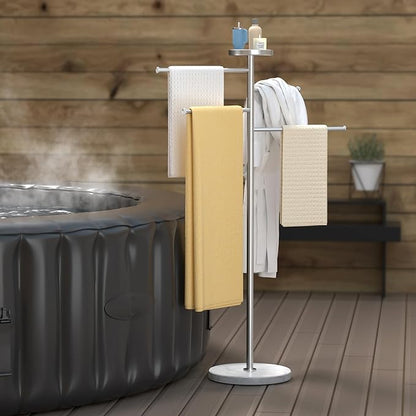KES Hot Tub Towel Rack Outdoor with 1.5X Heavier Natural Marble Weighted Base, Pool Towel Rack with 360° Adjustable Arms & Storage Tray, 18/8 Stainless Steel, Brushed Steel, OTR203-2
