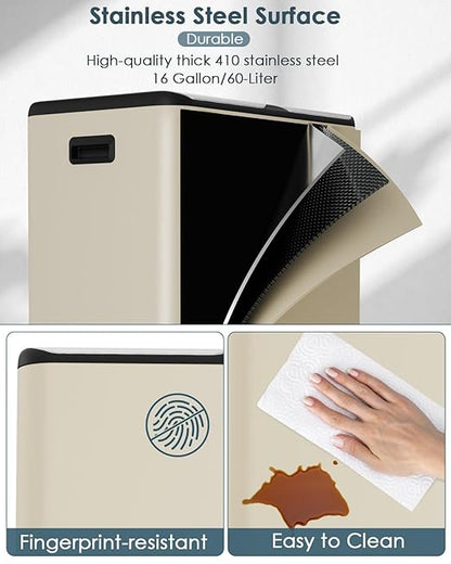 Arlopu 16Gal Dual Trash Can w/2 Built-in Box for Odor Control, Hands-Free Kitchen Garbage Bin, Recycle Waste Dustbin, Soft-Close Lid, 2 Buckets,Foot Pedal, Side Handle, Airtight,for Home (Brown)