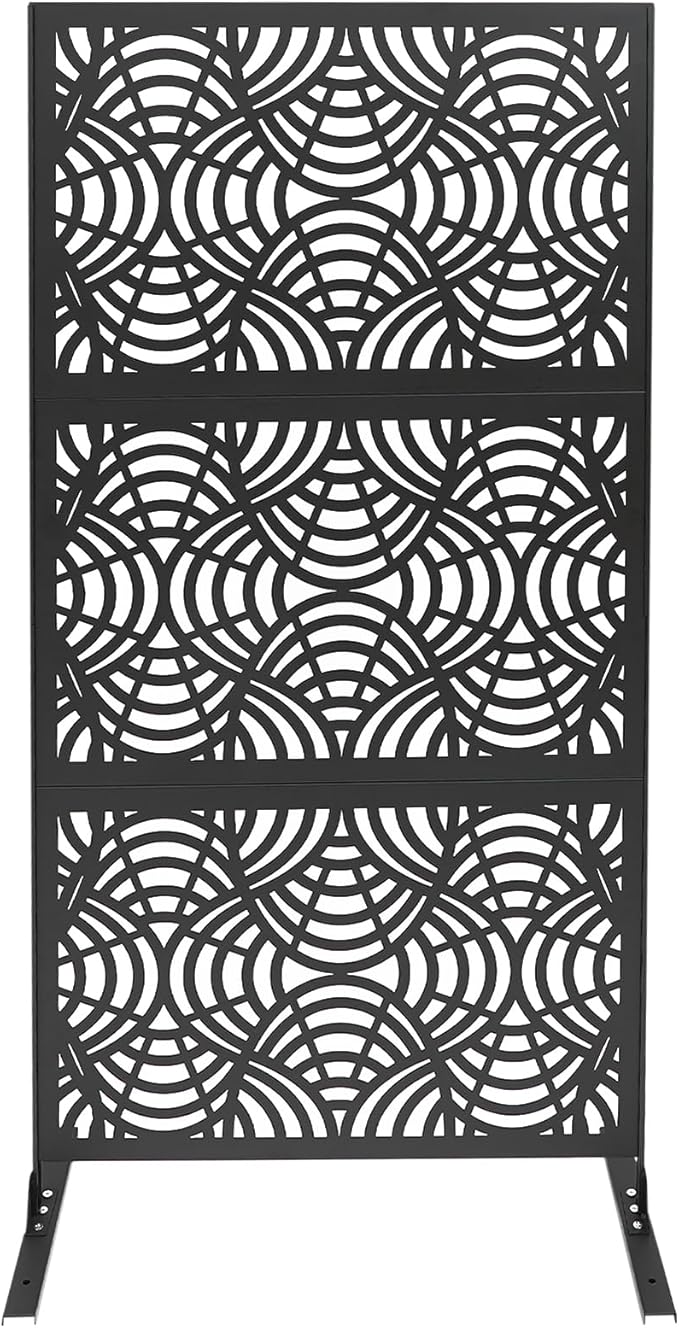 75" H×35" W Decorative Outdoor Privacy Screen with Stand, Outdoor Decor Privacy Fence Screen Metal Fence Panels, Free Standing Metal Divider for Patio Lawn Deck (Black -Curved Pattern)
