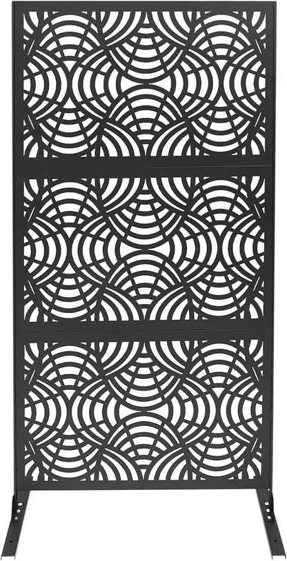 75" H×35" W Decorative Outdoor Privacy Screen with Stand, Outdoor Decor Privacy Fence Screen Metal Fence Panels, Free Standing Metal Divider for Patio Lawn Deck (Black -Curved Pattern)