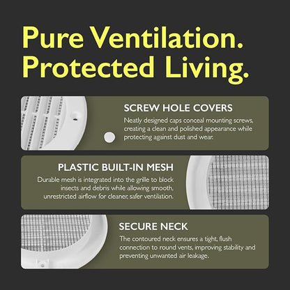 4 Inch [Opening] White Air Vent Cover – Pack of 10 – Plastic Round Air Vent Grill Cover for Wall or Ceiling, Built-in Mesh Screen/HVAC Return Air Register – Modern Louvered Design