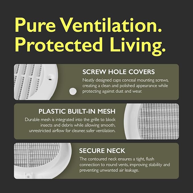 4 Inch [Opening] White Air Vent Cover – Pack of 5 – Plastic Round Air Vent Grill Cover for Wall or Ceiling, Built-in Mesh Screen/HVAC Return Air Register – Modern Louvered Design