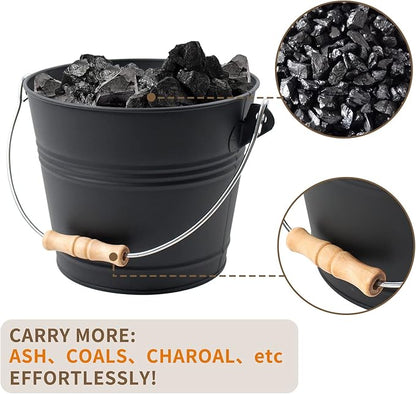 Poofzy Ash Bucket with Lid, Small Fireplace Ash Bucket with Lid and Shovel, 1.3 Gallon Metal Bucket for Fireplace with Hand Broom and Gloves, Fireplace Bucket for Ashes for Wood Stove and Fire Pit