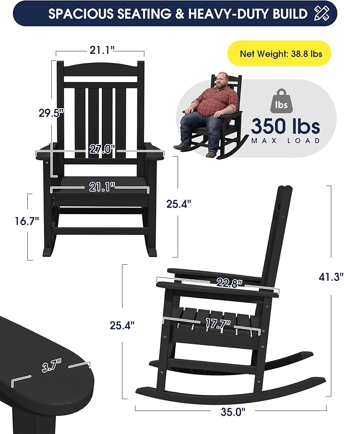 Oversized Outdoor Rocking Chairs Set of 4, HDPE Porch Rocker - Image 3