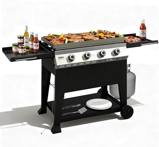 32 Inch Outdoor Flat Top Gas Propane Griddle with 4 Burners 40,000BTU,Powder Coated Steel Portable Gas Grill with Side Shelves for BBQ,Camping,Backyard