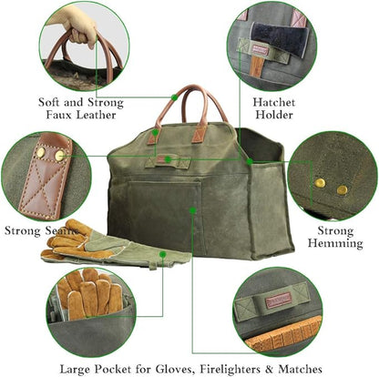 INNO STAGE Firewood Log Carrier Bag Waxed Canvas Tote Holder with Fireplace Pure Leather Gloves Set for Camping, BBQ Barbecue- Green Bag
