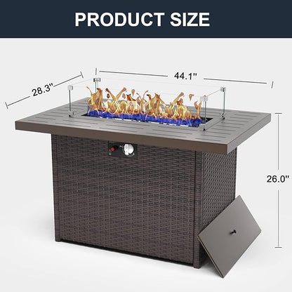 44 Inch Propane Gas Fire Pits Table for Outside Patio, 60000 BTU Rectangular Outdoor Wicker Rattan Fire Pit with Glass Wind Guard