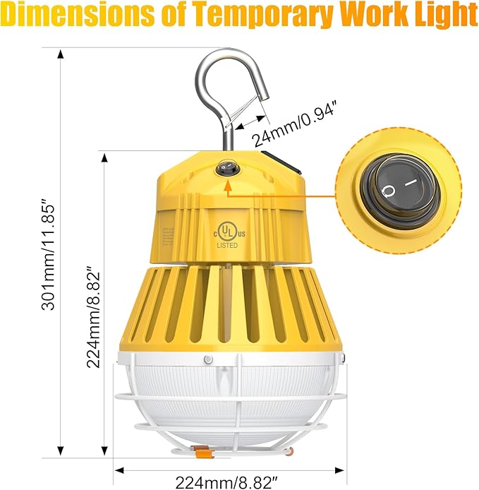 LED Temporary Work Light 60W, 7800LM 5000K Portable Hanging Construction Light with 10ft Cable Plug and Sturdy Hooks Linkable LED Work Light for Job Site Lighting, Workshop, Garage ETL Listed