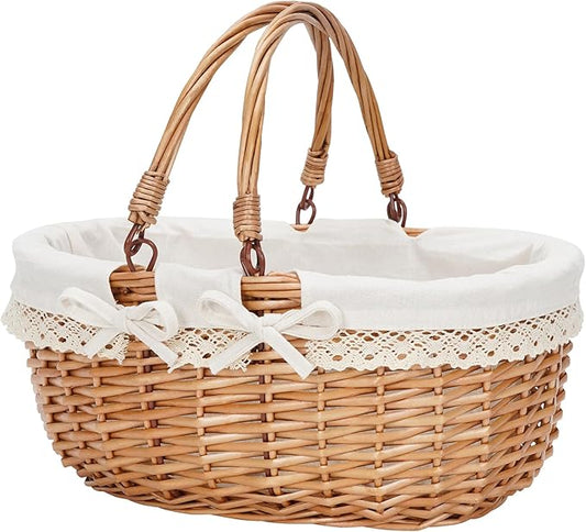 G GOOD GAIN Oval Picnic Basket with Folding Handles, Willow Hand Woven Shopping Basket, Bath Storage Gift Packing Basket, Wicker Empty Easter Eggs and Candy Small Gift Basket.Cream