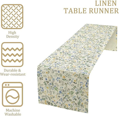 Rustic Flower Table Runner, Spring Sage Green Eucalyptus Leaves Watercolor Floral Flower Plant Leaves Print Table Cover for Dinning Holiday Home Picnic Party Decor, 13x120inch