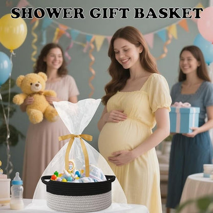 Gift Basket with Gift Bag and Ribbons,Small Rope Woven Shelf Storage,Baskets for Gifts Empty,Birthday,Baby Shower,Decorative Organizer Box with Handles(Black&Grey)