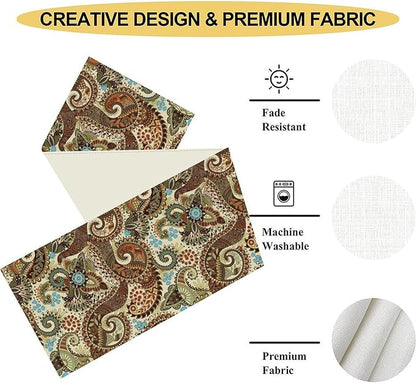 Brown Paisley Table Runner, Rustic Damask Antique Floral Flower Retro Boho Swirled Pattern Vintage Coffee Table Center Decor for Family Kitchen and Living Room Outdoor Table Decorations, 13"x108"