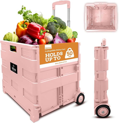 Inspired Living Ultra-Slim Rolling Collapsible Storage Pack-N-Roll Utility-carts, with Telescopic Handle, for Home, Garden, Shopping, Office, School use, Medium, Raspberry Pink