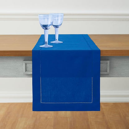 Solino Home Blue Hemstitch Table Runner 36 Inches - Cotton Linen Small Table Runner 14 x 36 Inch Ideal for Dresser and Coffee Tables