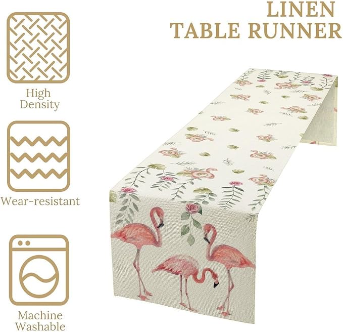Flamingo Table Runner,Rustic Boho Grey Leaf Pink Rose Floral Tropical Bird Pattern Table Center Decor for Family Kitchen and Living Room Outdoor Farmhouse Party Table Decorations, 13"x36"