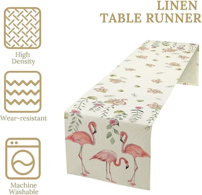 Flamingo Table Runner,Rustic Boho Grey Leaf Pink Rose Floral Tropical Bird Pattern Table Center Decor for Family Kitchen and Living Room Outdoor Farmhouse Party Table Decorations, 13"x72"