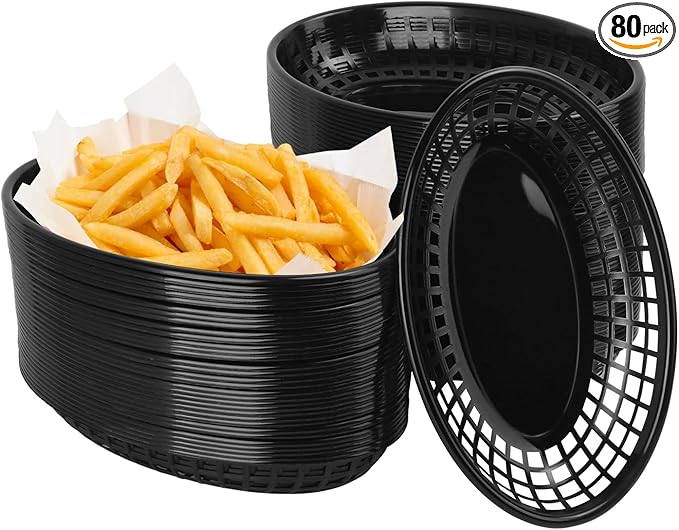 80 Pcs 9 x 5.7 Inch Reusable Oval Fast Food Baskets, Sturdy Plastic Serving Baskets for Fast Food, Parties, Picnics, BBQs and Snacks, by KUKLIPJIM.(Black)