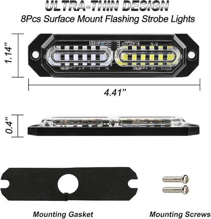ASPL 8pcs Sync Feature Ultra Slim 12-LED Surface Mount Flashing Strobe Lights for Truck Car Vehicle LED Mini Grille Light Head Emergency Beacon Hazard Warning Lights (Blue/White)